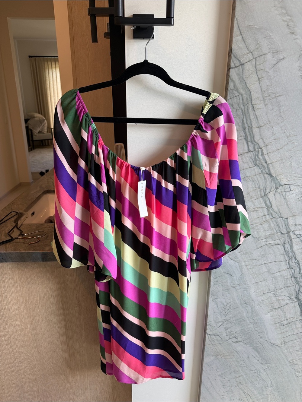 Trina Turk Off-Shoulder Multicolor Striped dress